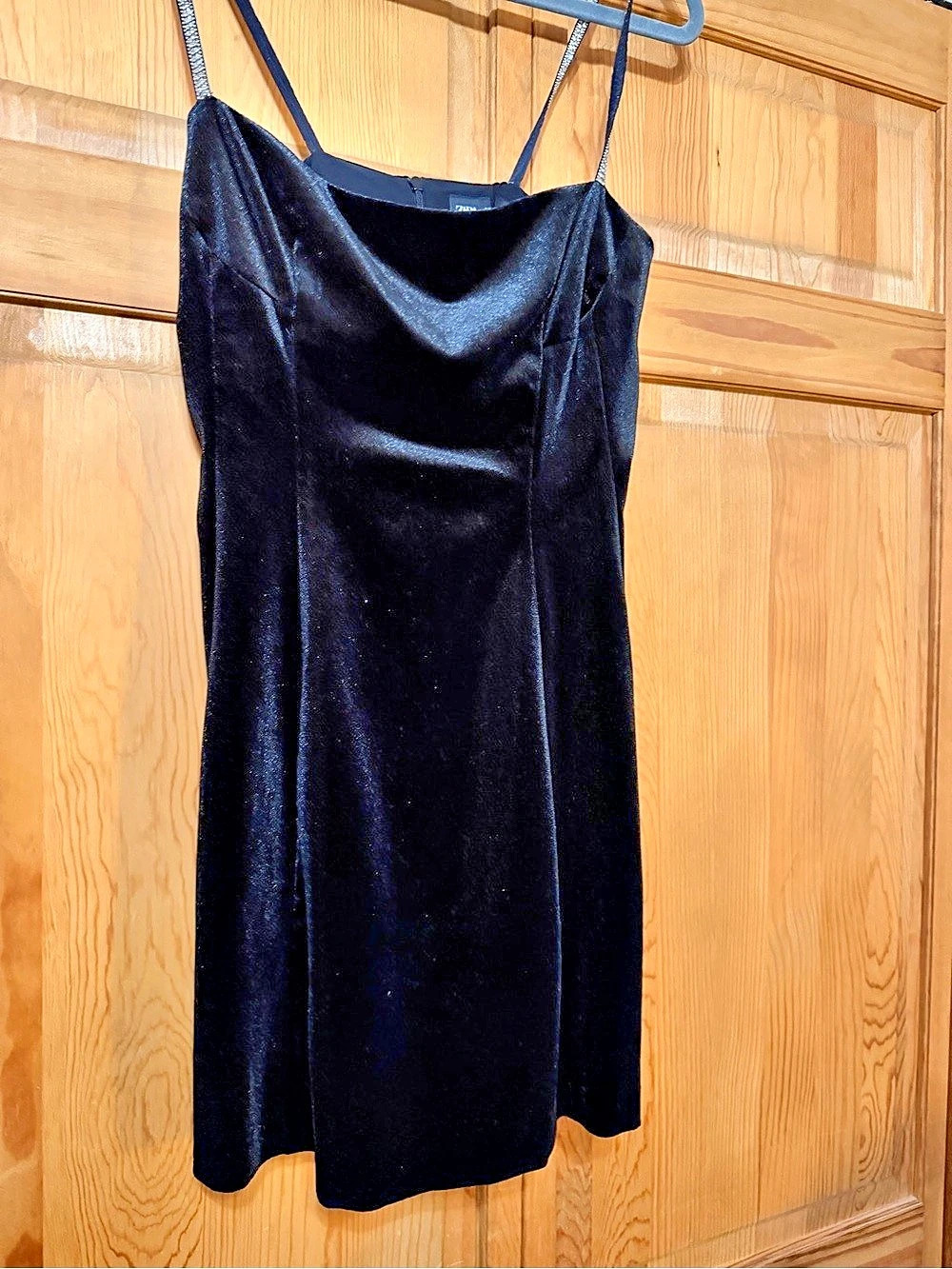 Zara Velvet Mini Dress with Rhinestone Straps Black Velvet Slip Dress Size